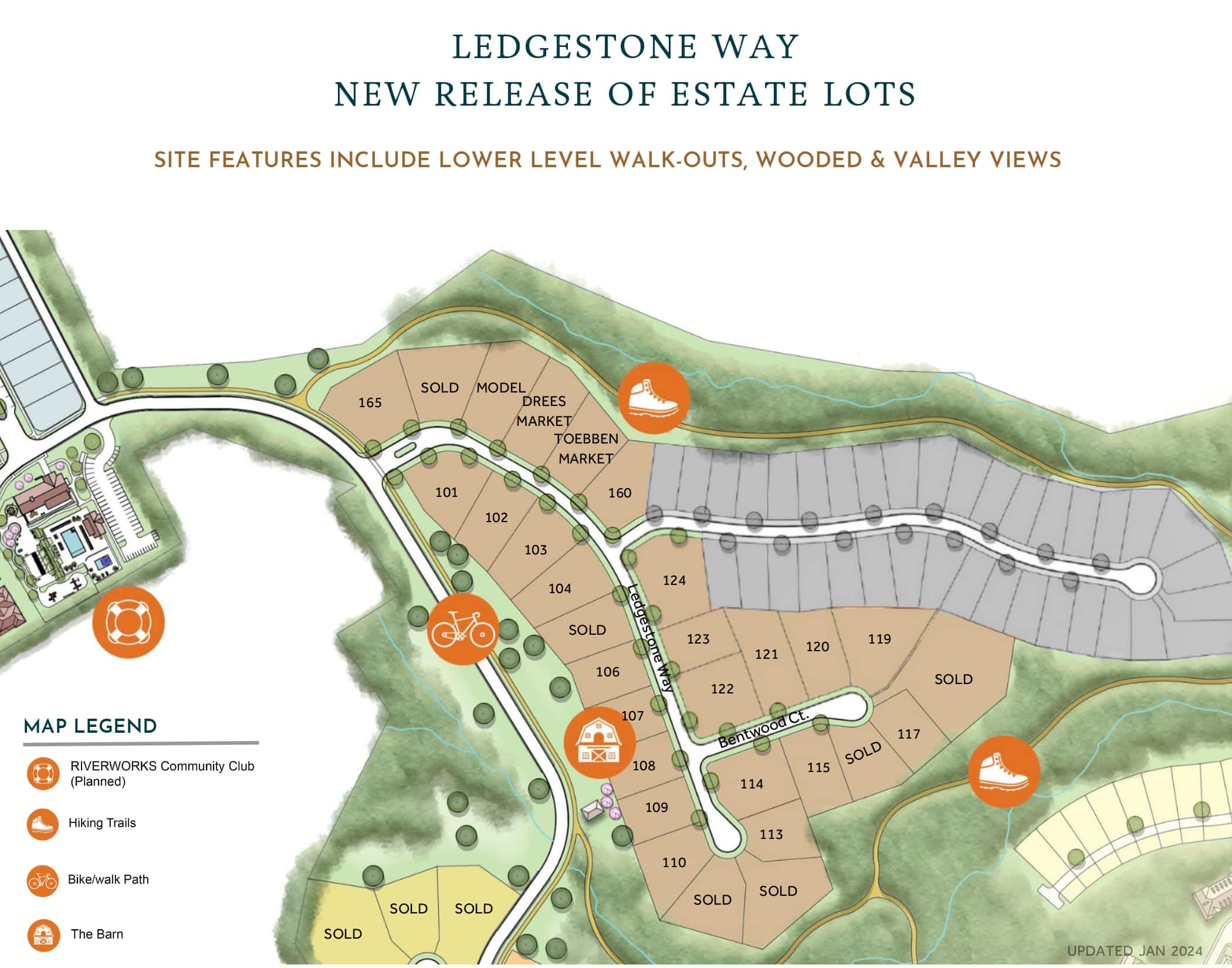 A map of available lots at Ledgestone Way from Toebben Builders