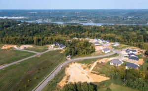 An aerial view of Ledgestone Way at River Pointe Estates by Toebben