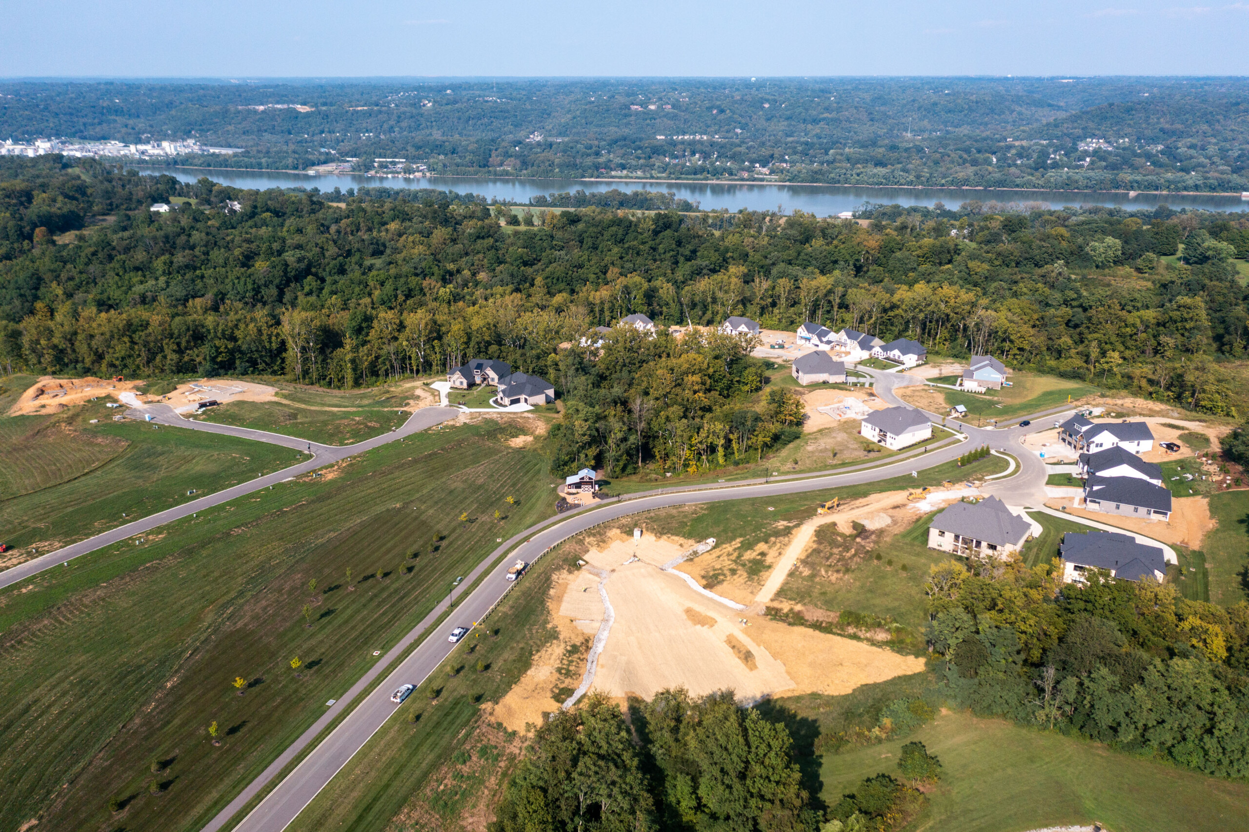 An aerial view of Ledgestone Way at River Pointe Estates by Toebben